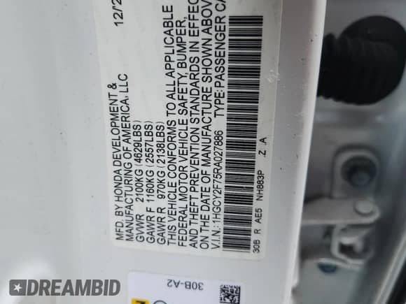 2024 Honda Accord Sport-L with VIN 1HGCY2F75RA027886, listed as a Copart auction lot 67853515 with Not provided miles and Salvage title. Bid and sale history available at DreamBid. Image 13.