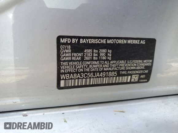 2018 BMW 3 Series 320i xDrive z VIN WBA8A3C56JA491885, wystawiony jako Copart lot #58156455 z przebiegiem 63 667 mil mil oraz Szkoda całkowita • Salvage title. Historia ofert i sprzedaży dostępna na DreamBid. Obrazek 13.