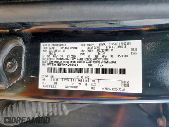 2019 Ford F-150 XL with VIN 1FTEW1E57KKD15481, listed as a Copart auction lot 69432485 with 107,956 mi miles and Salvage title. Bid and sale history available at DreamBid. Image 12.