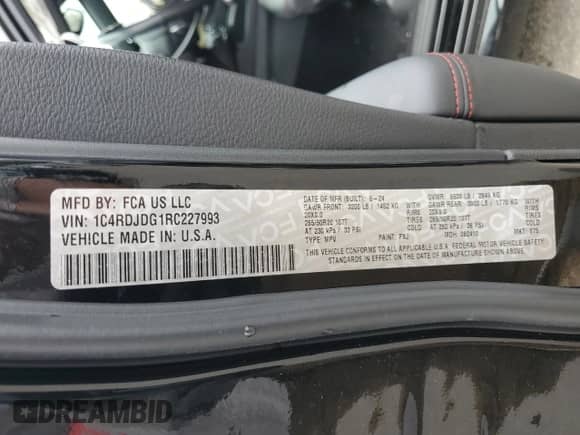 2024 Dodge Durango GT Plus z VIN 1C4RDJDG1RC227993, wystawiony jako Copart lot #65365655 z przebiegiem 13 870 mil mil oraz Szkoda całkowita • Salvage title. Historia ofert i sprzedaży dostępna na DreamBid. Obrazek 14.