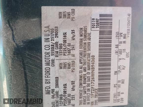 1998 Ford F-150 with VIN 1FTZF1726WNB94368, listed as a Copart auction lot 87035955 with 214,802 mi miles and Salvage title. Bid and sale history available at DreamBid. Image 12.