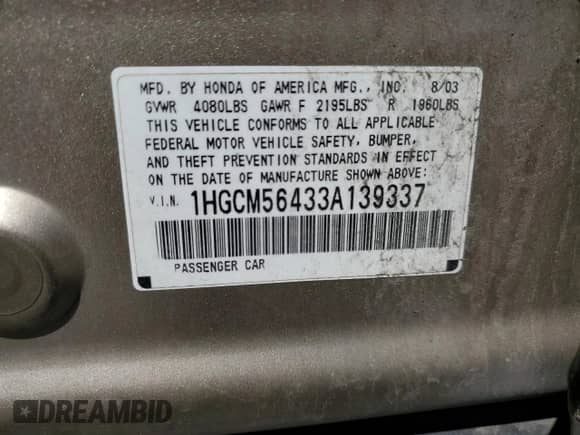 2003 Honda Accord LX с VIN 1HGCM56433A139337, выставлен на аукционе Copart как лот 57292375 с пробегом 242 724 миль миль и Списание • Salvage title. История ставок и продаж доступна на DreamBid. Изображение 12.