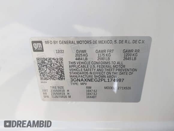 2023 Chevrolet Equinox Premier with VIN 3GNAXNEG2PL174997, listed as a IAAI auction lot 42739999 with 19,282 mi miles and . Bid and sale history available at DreamBid. Image 9.