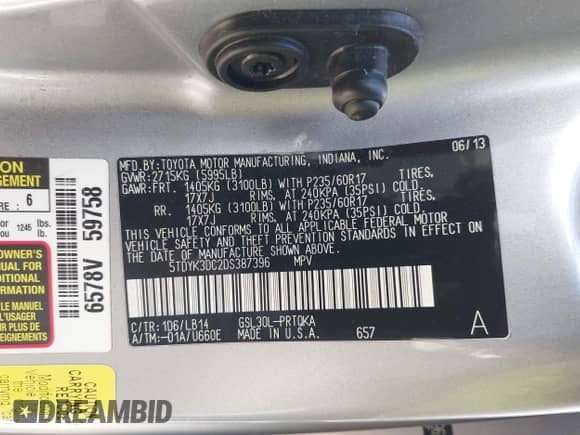 2013 Toyota Sienna XLE AAS with VIN 5TDYK3DC2DS387396, listed as a IAAI auction lot 43428145 with 106,661 mi miles and . Bid and sale history available at DreamBid. Image 9.