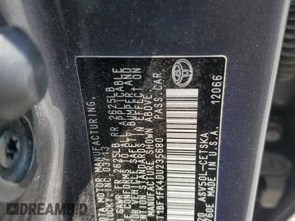 2013 Toyota Camry L with VIN 4T1BF1FK4DU235680, listed as a Copart auction lot 68493915 with 176,154 mi miles and Salvage title. Bid and sale history available at DreamBid. Image 12.