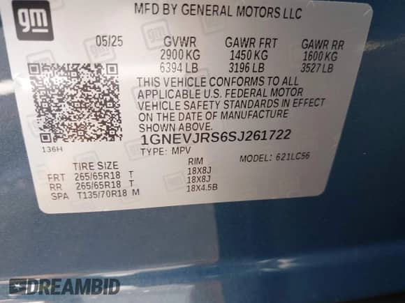2025 Chevrolet Traverse AWD Z71 z VIN 1GNEVJRS6SJ261722, wystawiony jako IAAI lot #42931447 z przebiegiem 1 457 mil mil oraz . Historia ofert i sprzedaży dostępna na DreamBid. Obrazek 9.