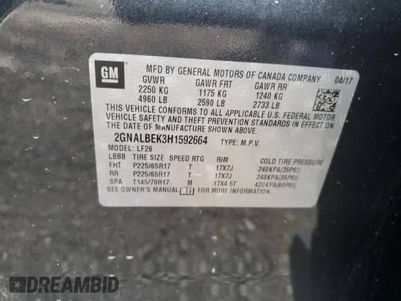 2017 Chevrolet Equinox LS with VIN 2GNALBEK3H1592664, listed as a Copart auction lot 71000965 with 94,765 mi miles and Salvage title. Bid and sale history available at DreamBid. Image 13.