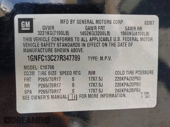 2007 Chevrolet Tahoe LS with VIN 1GNFC13C27R347789, listed as a IAAI auction lot 43595543 with 255,773 mi miles and . Bid and sale history available at DreamBid. Image 9.