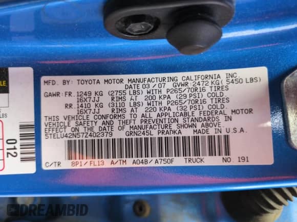 2007 Toyota Tacoma с VIN 5TELU42N57Z402379, выставлен на аукционе Copart как лот 66537355 с пробегом 221 062 миль миль и Списание • Salvage title. История ставок и продаж доступна на DreamBid. Изображение 12.