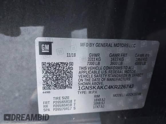 2019 Chevrolet Tahoe LS with VIN 1GNSKAKC4KR226743, listed as a IAAI auction lot 40839068 with 104,220 mi miles and . Bid and sale history available at DreamBid. Image 9.