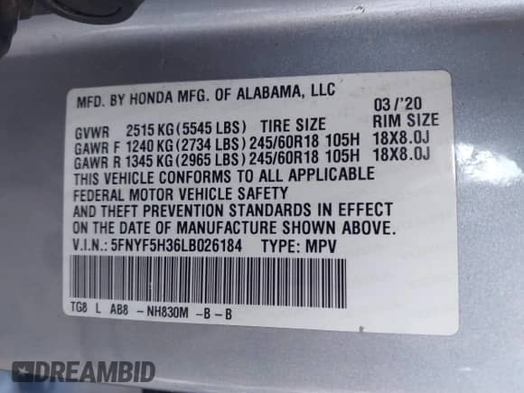 2020 Honda Pilot EX z VIN 5FNYF5H36LB026184, wystawiony jako IAAI lot #41708011 z przebiegiem 67 991 mil mil oraz . Historia ofert i sprzedaży dostępna na DreamBid. Obrazek 9.