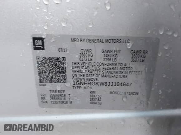 2018 Chevrolet Traverse LT Cloth with VIN 1GNERGKW8JJ104647, listed as a IAAI auction lot 41942646 with 94,745 mi miles and . Bid and sale history available at DreamBid. Image 9.