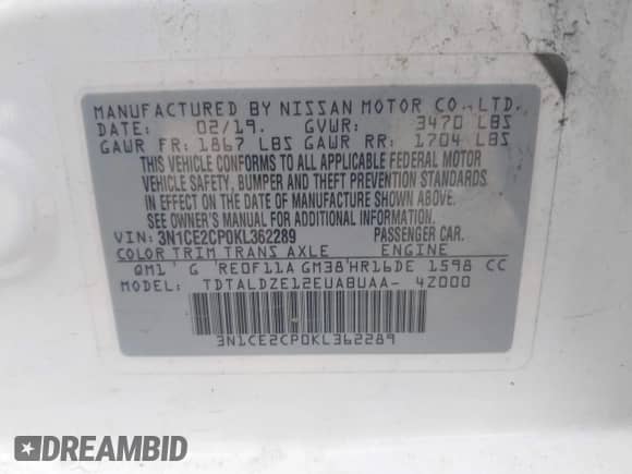 2019 Nissan Note SV с VIN 3N1CE2CP0KL362289, выставлен на аукционе IAAI как лот 42698650 с пробегом 72 709 миль миль и . История ставок и продаж доступна на DreamBid. Изображение 9.