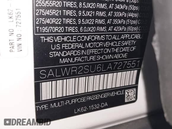 2020 Land Rover Range Rover Sport HSE with VIN SALWR2SU6LA727551, listed as a IAAI auction lot 41861123 with 63,544 mi miles and . Bid and sale history available at DreamBid. Image 9.