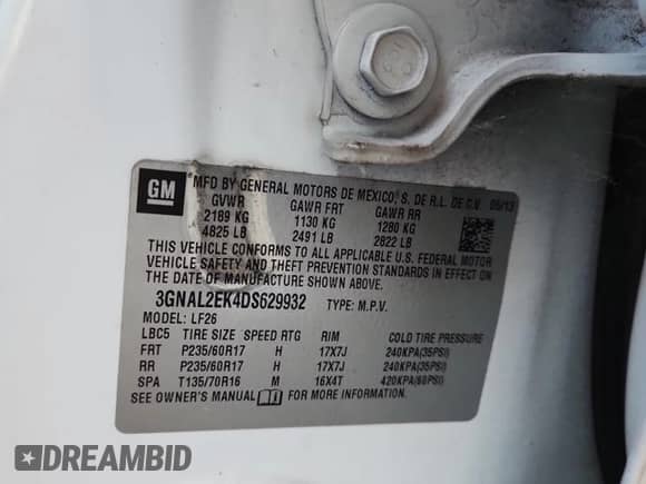 2013 Chevrolet Captiva Sport LS with VIN 3GNAL2EK4DS629932, listed as a Copart auction lot 69061945 with 160,343 mi miles and Salvage title. Bid and sale history available at DreamBid. Image 13.