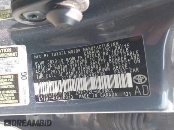 2016 Toyota Corolla L with VIN 2T1BURHE5GC482739, listed as a IAAI auction lot 42941892 with 190,808 mi miles and . Bid and sale history available at DreamBid. Image 9.