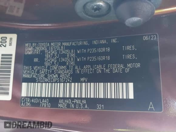 2023 Toyota Sienna Limited z VIN 5TDZRKEC8PS167242, wystawiony jako IAAI lot #42967039 z przebiegiem 30 352 mil mil oraz . Historia ofert i sprzedaży dostępna na DreamBid. Obrazek 9.