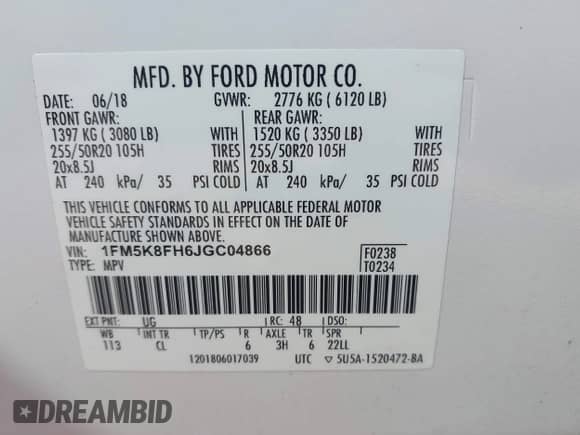 2018 Ford Explorer Limited with VIN 1FM5K8FH6JGC04866, listed as a IAAI auction lot 43092423 with 87,812 mi miles and . Bid and sale history available at DreamBid. Image 9.