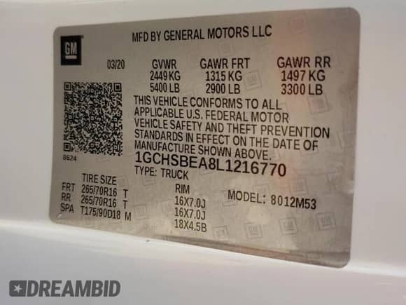 2020 Chevrolet Colorado 2WD Work Truck with VIN 1GCHSBEA8L1216770, listed as a Copart auction lot 62870895 with Not provided miles and Salvage title. Bid and sale history available at DreamBid. Image 12.