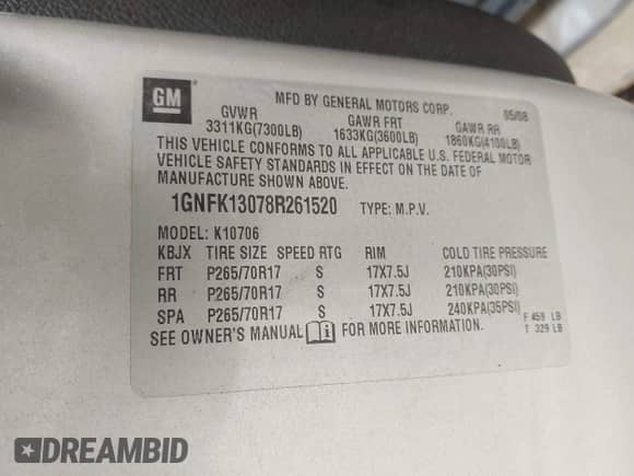 2008 Chevrolet Tahoe 3LT с VIN 1GNFK13078R261520, выставлен на аукционе IAAI как лот 43429296 с пробегом 262 882 миль миль и . История ставок и продаж доступна на DreamBid. Изображение 9.