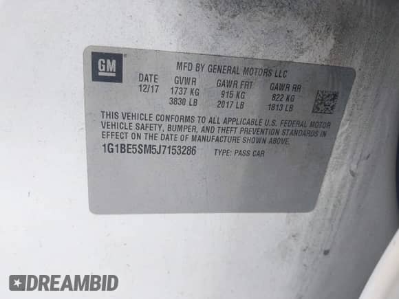 2018 Chevrolet Cruze LT с VIN 1G1BE5SM5J7153286, выставлен на аукционе IAAI как лот 43123664 с пробегом 97 154 миль миль и . История ставок и продаж доступна на DreamBid. Изображение 9.