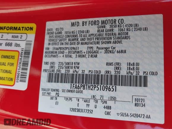 2023 Ford Mustang EcoBoost с VIN 1FA6P8TH2P5109651, выставлен на аукционе IAAI как лот 42519302 с пробегом 33 575 миль миль и . История ставок и продаж доступна на DreamBid. Изображение 9.