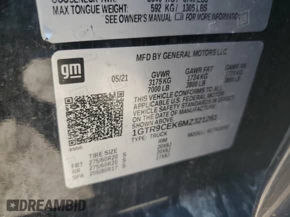 2021 GMC Sierra 1500 Elevation с VIN 1GTR9CEK6MZ321261, выставлен на аукционе Copart как лот 68821545 с пробегом Не указан миль и Списание • Salvage title. История ставок и продаж доступна на DreamBid. Изображение 12.