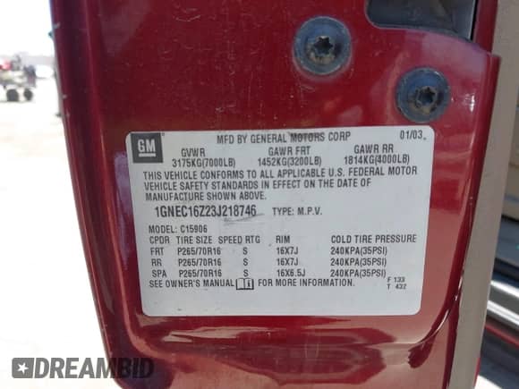 2003 Chevrolet Suburban LT z VIN 1GNEC16Z23J218746, wystawiony jako IAAI lot #42528186 z przebiegiem 132 078 mil mil oraz . Historia ofert i sprzedaży dostępna na DreamBid. Obrazek 9.