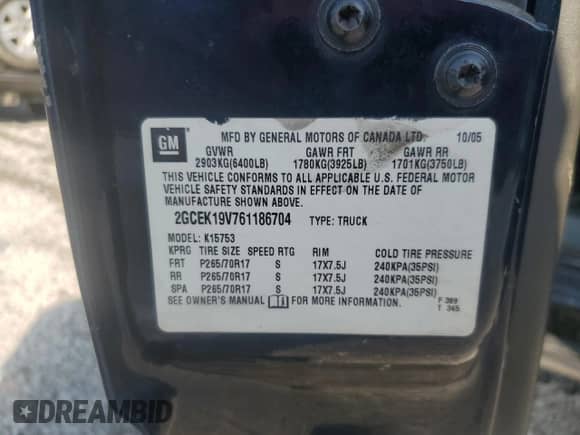 2006 Chevrolet Silverado 1500 LT1 with VIN 2GCEK19V761186704, listed as a Copart auction lot 61661155 with 168,733 mi miles and Salvage title. Bid and sale history available at DreamBid. Image 12.