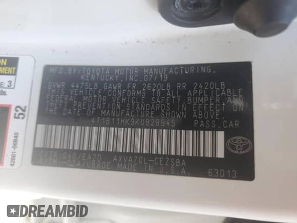 2019 Toyota Camry LE с VIN 4T1B11HK9KU828945, выставлен на аукционе Copart как лот 62388185 с пробегом 95 180 миль миль и Списание • Salvage title. История ставок и продаж доступна на DreamBid. Изображение 13.