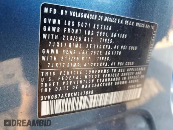 2019 Volkswagen Tiguan S с VIN 3VV0B7AX8KM167688, выставлен на аукционе Copart как лот 81750125 с пробегом 186 896 миль миль и Списание • Salvage title. История ставок и продаж доступна на DreamBid. Изображение 13.