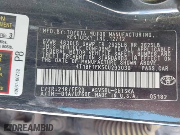 2012 Toyota Camry L with VIN 4T1BF1FK5CU203030, listed as a IAAI auction lot 43452196 with 223,770 mi miles and . Bid and sale history available at DreamBid. Image 9.