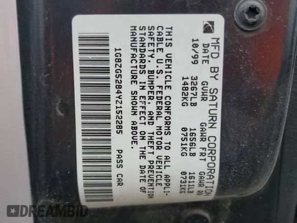 2000 Saturn SL with VIN 1G8ZG5284YZ152285, listed as a Copart auction lot 59344165 with Not provided miles and Salvage title. Bid and sale history available at DreamBid. Image 12.