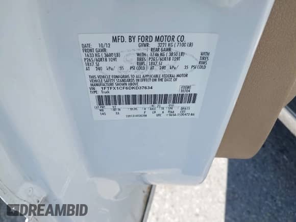 2013 Ford F-150 XL with VIN 1FTFX1CF6DKD37634, listed as a IAAI auction lot 41878505 with 384,220 mi miles and . Bid and sale history available at DreamBid. Image 9.