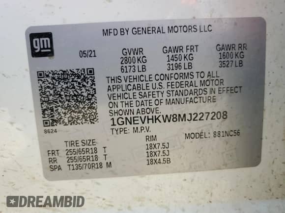 2021 Chevrolet Traverse LT с VIN 1GNEVHKW8MJ227208, выставлен на аукционе Copart как лот 68551415 с пробегом 174 395 миль миль и Чистый • Clean title. История ставок и продаж доступна на DreamBid. Изображение 13.