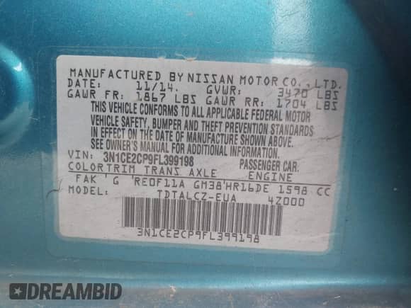 2015 Nissan Note S with VIN 3N1CE2CP9FL399198, listed as a IAAI auction lot 41745250 with 153,445 mi miles and . Bid and sale history available at DreamBid. Image 9.