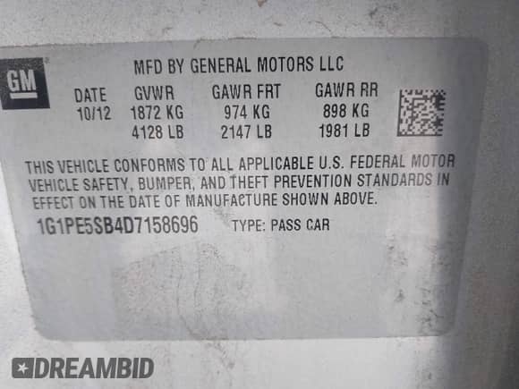 2013 Chevrolet Cruze 2LT с VIN 1G1PE5SB4D7158696, выставлен на аукционе IAAI как лот 42678648 с пробегом Не указан миль и . История ставок и продаж доступна на DreamBid. Изображение 9.