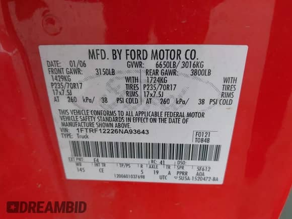 2006 Ford F-150 XL z VIN 1FTRF12226NA93643, wystawiony jako IAAI lot #43465384 z przebiegiem 102 432 mil mil oraz . Historia ofert i sprzedaży dostępna na DreamBid. Obrazek 9.