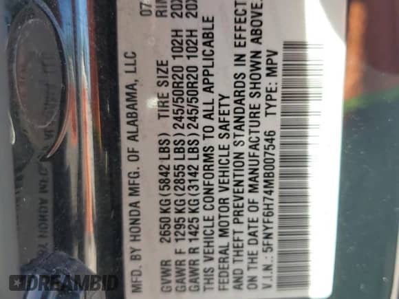 2021 Honda Pilot Black Edition с VIN 5FNYF6H74MB007546, выставлен на аукционе Copart как лот 86621765 с пробегом Не указан миль и Чистый • Clean title. История ставок и продаж доступна на DreamBid. Изображение 13.