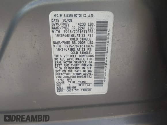 2009 Nissan Rogue S with VIN JN8AS58T49W325792, listed as a IAAI auction lot 42639156 with 140,915 mi miles and . Bid and sale history available at DreamBid. Image 9.