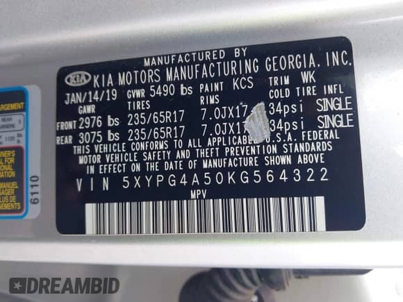 2019 Kia Sorento LX with VIN 5XYPG4A50KG564322, listed as a IAAI auction lot 43285789 with 108,164 mi miles and . Bid and sale history available at DreamBid. Image 9.