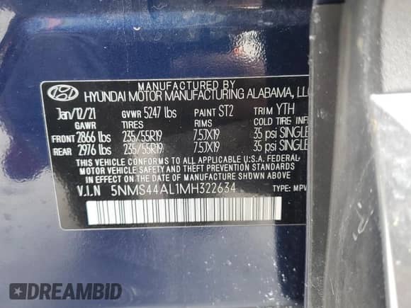 2021 Hyundai Santa Fe Limited with VIN 5NMS44AL1MH322634, listed as a Copart auction lot 80454335 with 39,466 mi miles and Salvage title. Bid and sale history available at DreamBid. Image 13.