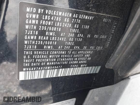 2011 Volkswagen Tiguan S with VIN WVGAV7AX2BW549477, listed as a IAAI auction lot 42923494 with 96,348 mi miles and . Bid and sale history available at DreamBid. Image 9.