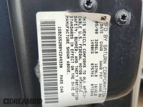 2000 Saturn SL с VIN 1G8ZG5288YZ249330, выставлен на аукционе Copart как лот 86113035 с пробегом Не указан миль и Списание • Salvage title. История ставок и продаж доступна на DreamBid. Изображение 12.