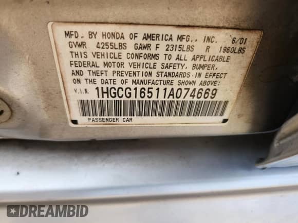 2001 Honda Accord EX z VIN 1HGCG16511A074669, wystawiony jako Copart lot #80342715 z przebiegiem 301 114 mil mil oraz Szkoda całkowita • Salvage title. Historia ofert i sprzedaży dostępna na DreamBid. Obrazek 13.