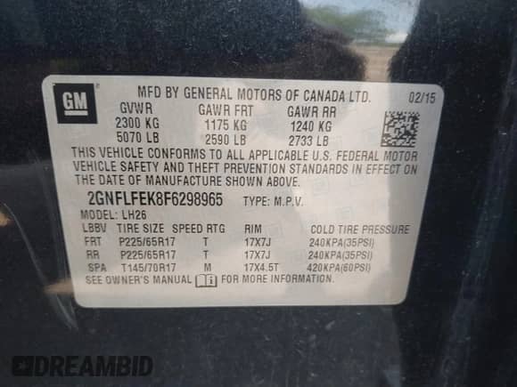 2015 Chevrolet Equinox LT z VIN 2GNFLFEK8F6298965, wystawiony jako IAAI lot #42461687 z przebiegiem 166 338 mil mil oraz . Historia ofert i sprzedaży dostępna na DreamBid. Obrazek 9.