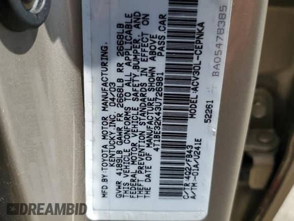2003 Toyota Camry XLE z VIN 4T1BE32K43U726981, wystawiony jako Copart lot #80194055 z przebiegiem 122 236 mil mil oraz Szkoda całkowita • Salvage title. Historia ofert i sprzedaży dostępna na DreamBid. Obrazek 12.