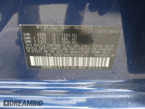 2017 Subaru Impreza Special Sports with VIN 4S3GTAK67H3723917, listed as a IAAI auction lot 42919524 with 99,324 mi miles and . Bid and sale history available at DreamBid. Image 9.