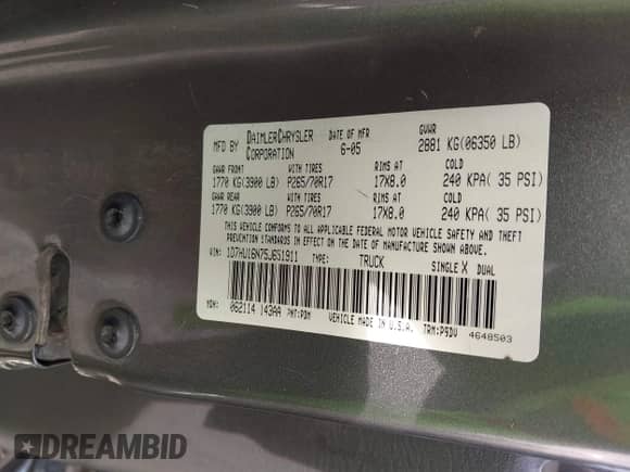 2005 Dodge 1500 ST with VIN 1D7HU16N75J651911, listed as a IAAI auction lot 43454085 with 305,431 mi miles and . Bid and sale history available at DreamBid. Image 9.