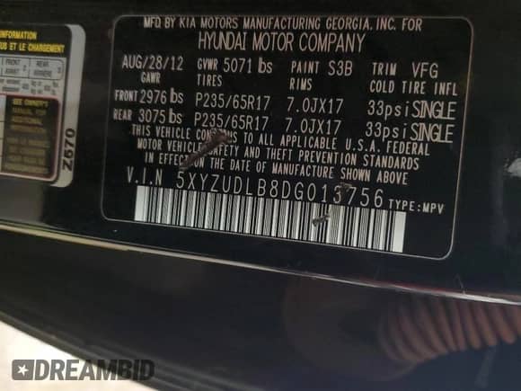 2013 Hyundai Santa Fe Sport with VIN 5XYZUDLB8DG013756, listed as a Copart auction lot 67928855 with 144,183 mi miles and Clean title. Bid and sale history available at DreamBid. Image 13.